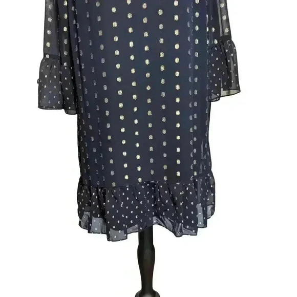 Crown & Ivy Navy Blue Metallic Dot Long Sleeve Highland Ruffle Dress Size XXL - Picture 3 of 9